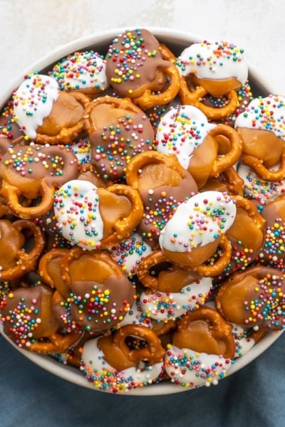 overhead bowl of chocolate caramel pretzels