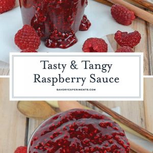 Raspberry Sauce is so versatile, use it on ice cream cheesecake, meringues, chocolate cake and more! And it only takes 5 ingredients and 20 minutes! #raspberrysauce #raspberrycoulis www.savoryexperiments.com