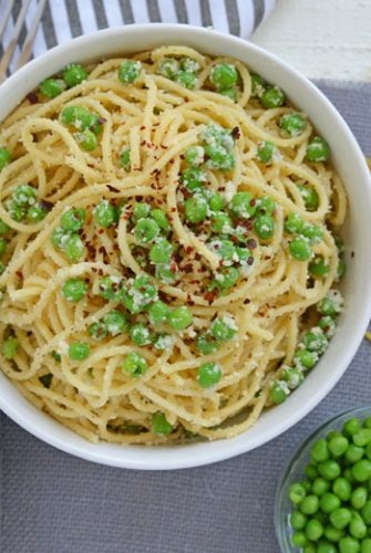 overhead of pasta and peas recipe in a bowl