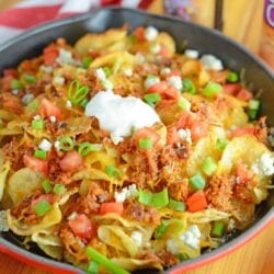 Pulled Pork Potato Chip Nachos are an easy appetizer or meal that your whole family will love made with kettle cooked potato chips and zesty pulled pork!