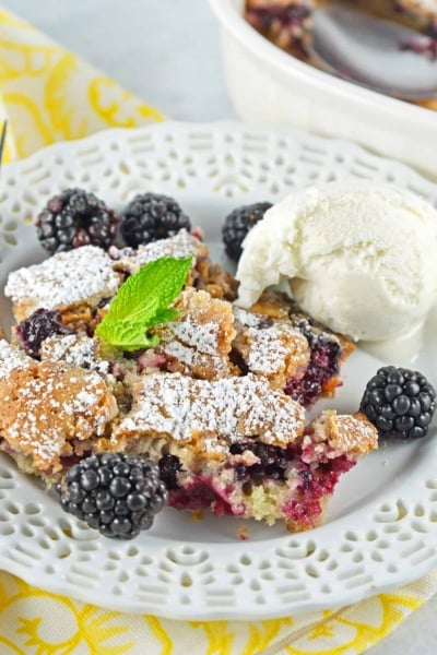 blackberry buckle scoop on a plate