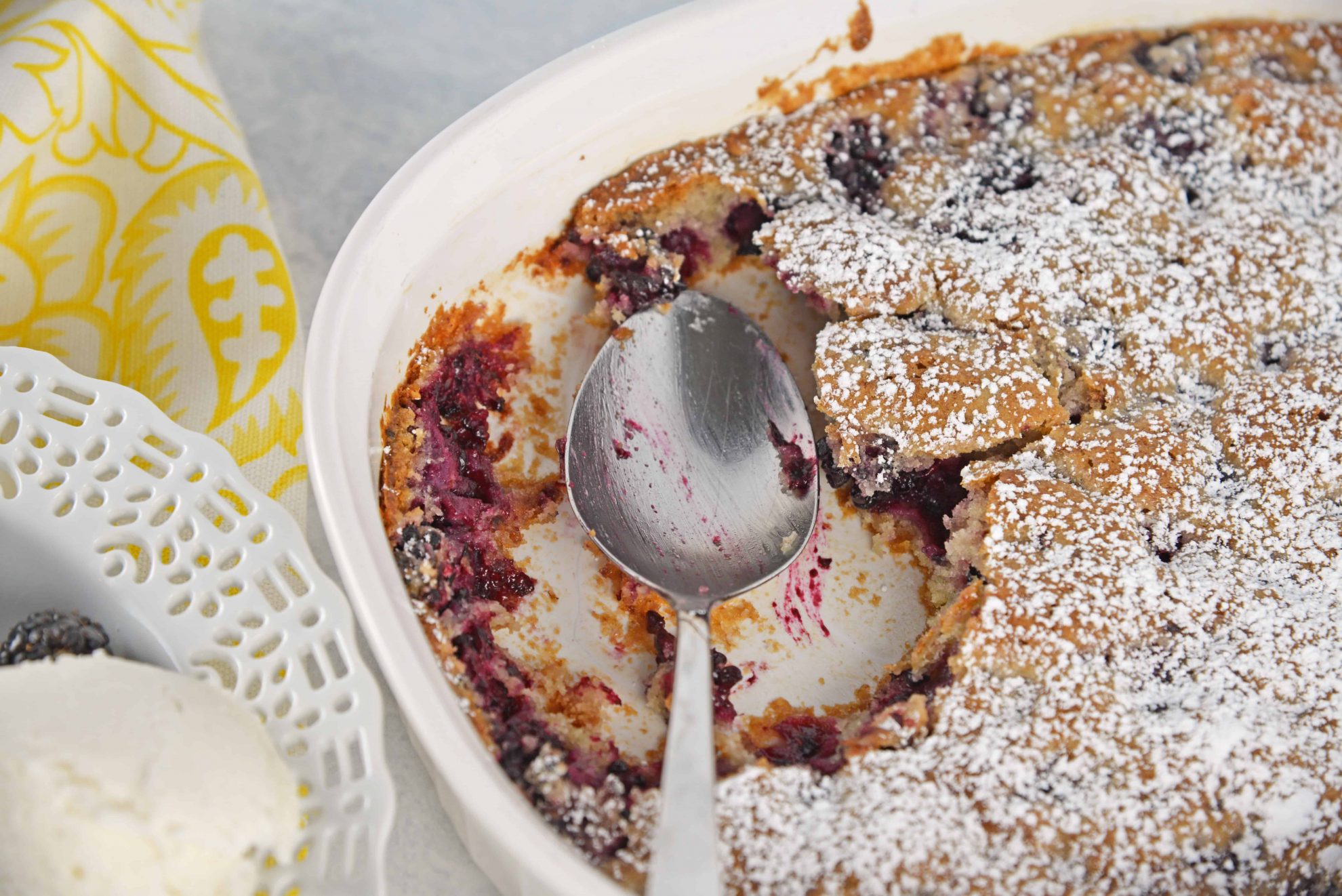 A Blackberry Buckle is the perfect way to kick off spring with your favorite berries. Perfect for breakfast, brunch and dessert! #blackberrybuckle #recipesthatuseblackberries www.savoryexperiments.com