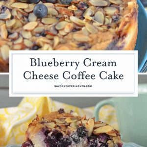 Blueberry Cream Cheese Coffee Cake is an easy coffee cake recipe with three layers of tender cake, silky cream cheese and almond streusel topping. #creamcheesecoffeecake #coffeecakerecipe #creamcheesecoffeecake www.savoryexperiments.com
