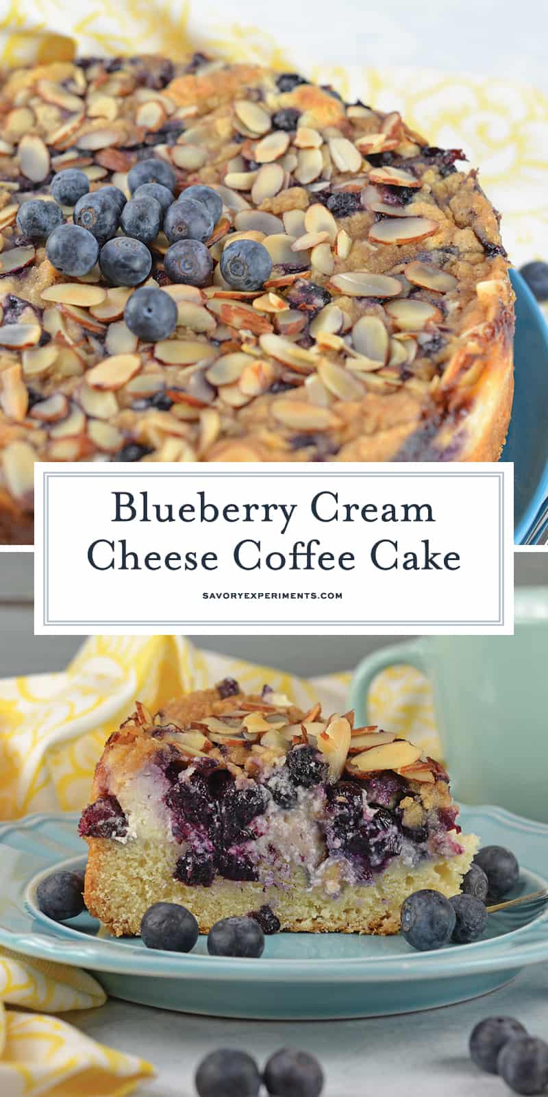 Blueberry Cream Cheese Coffee Cake is an easy coffee cake recipe with three layers of tender cake, silky cream cheese and almond streusel topping. #creamcheesecoffeecake #coffeecakerecipe #creamcheesecoffeecake www.savoryexperiments.com 