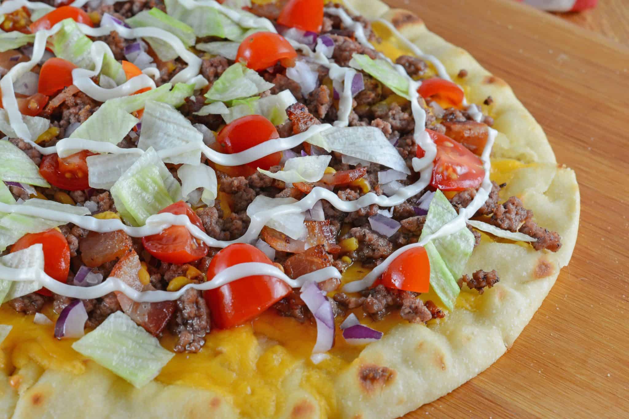 What happens when you take two favorites and mash them together? The best pizza ever! Cheeseburger Pizza!