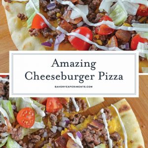 What happens when you take two favorites and mash them together? The best pizza ever! Cheeseburger Pizza! #homemadepizza #cheeseburgerpizza www.savoryexperiments.com