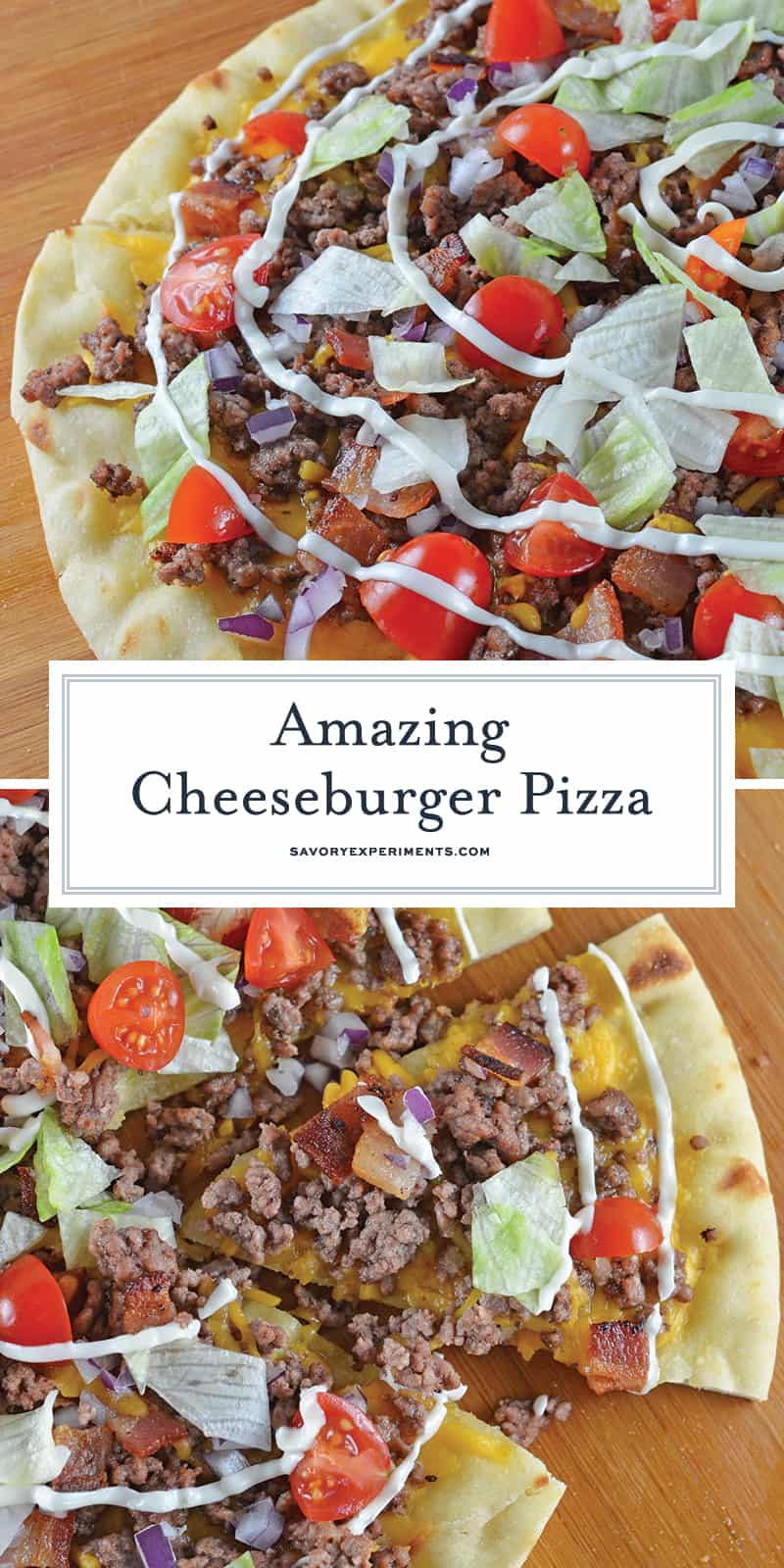 What happens when you take two favorites and mash them together? The best pizza ever! Cheeseburger Pizza! #homemadepizza #cheeseburgerpizza www.savoryexperiments.com 