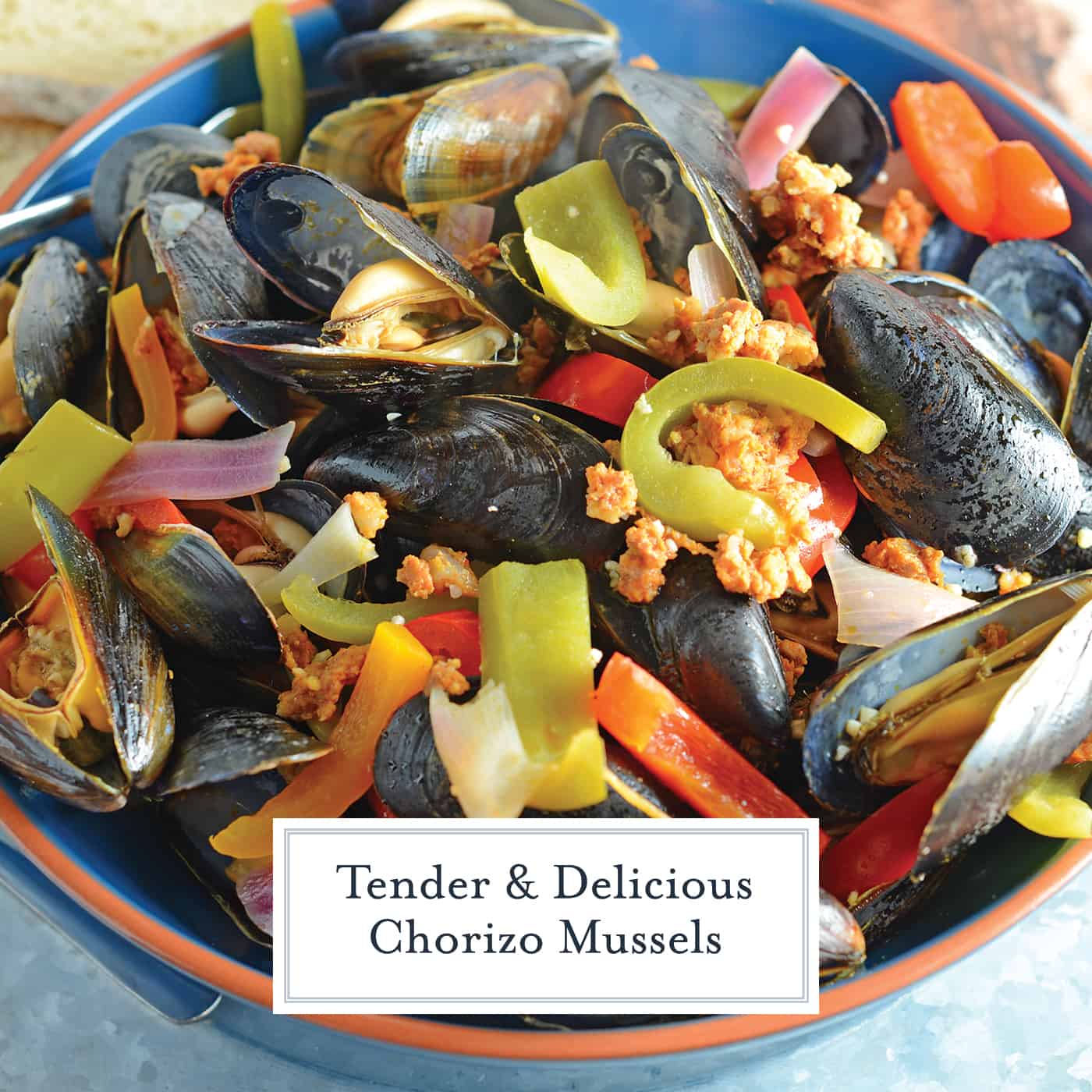 Chorizo Mussels are succulent, luscious tender mussels in a savory butter, chorizo wine sauce. Crusty bread is a must! #steamedmussels #easymusselrecipes #steampot www.savoryexperiments.com 