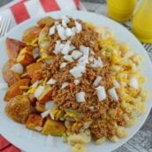 A Garbage Plate loaded with chili and macaroni salad