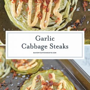 Garlic Cabbage Steaks are caramelized to perfection, then topped with a garlic and smoked paprika aioli, bacon and sea salt. Serve with any meal, especially corned beef! #cabbagerecipes #cabbagesidedish www.savoryexperiments.com