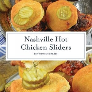 Nashville Hot Chicken Sliders are perfect as a dinner or appetizer. Crispy fried chicken dredged in spicy sauce served on buttermilk biscuits with honey habanero pickles. #nashvillehotchicken #sliderrecipes www.savoryexperiments.com