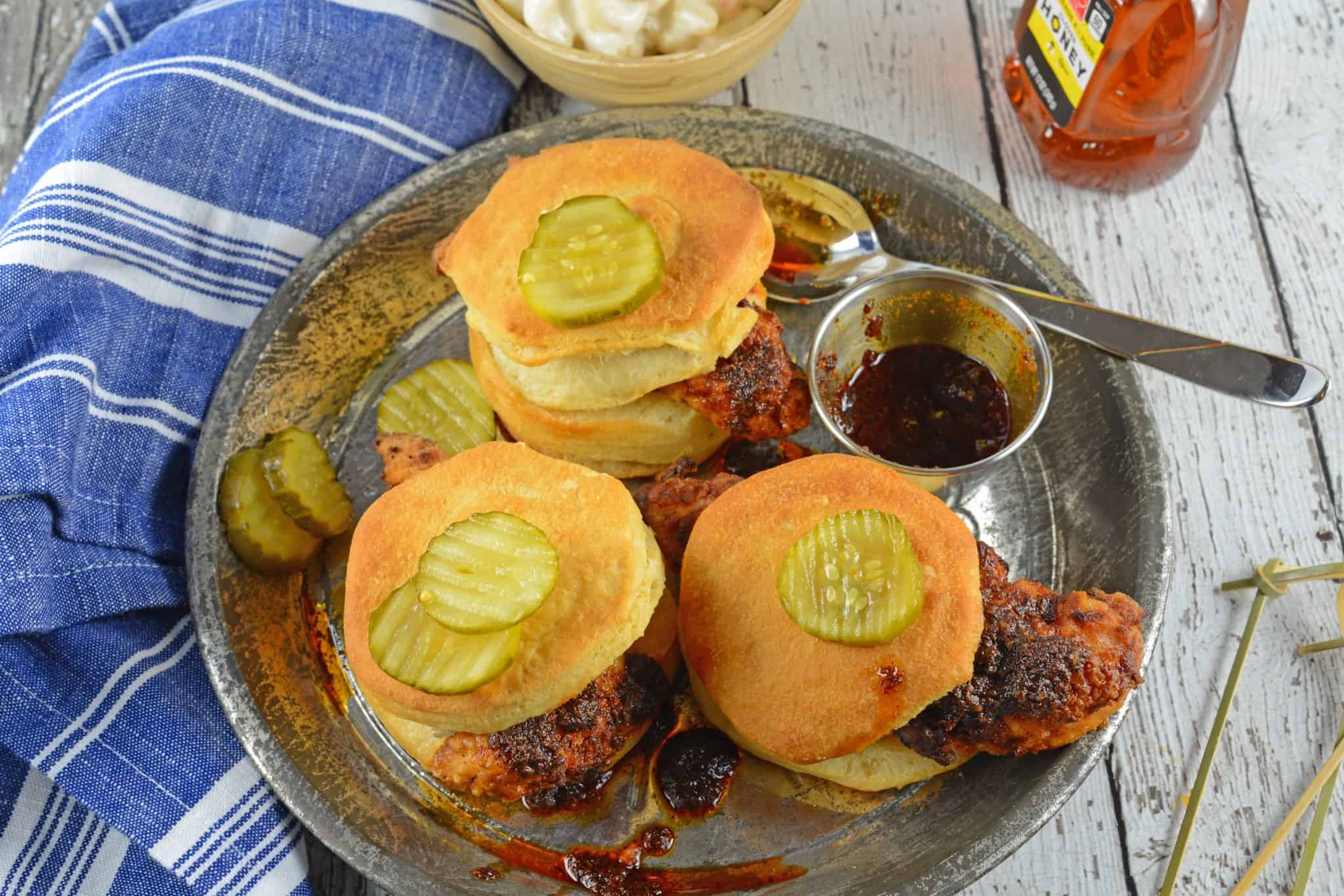 Nashville Hot Chicken Sliders on a metal plate