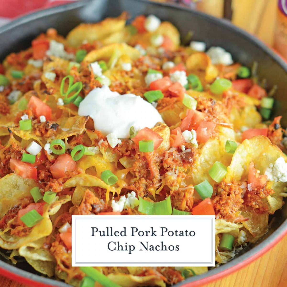 Pulled Pork Potato Chip Nachos are an easy appetizer or meal that your whole family will love made with kettle cooked potato chips and zesty pulled pork! #nachorecipes #pulledpork www.savoryexperiments.com