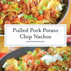 Pulled Pork Potato Chip Nachos are an easy appetizer or meal that your whole family will love made with kettle cooked potato chips and zesty pulled pork! #nachorecipes #pulledpork www.savoryexperiments.com