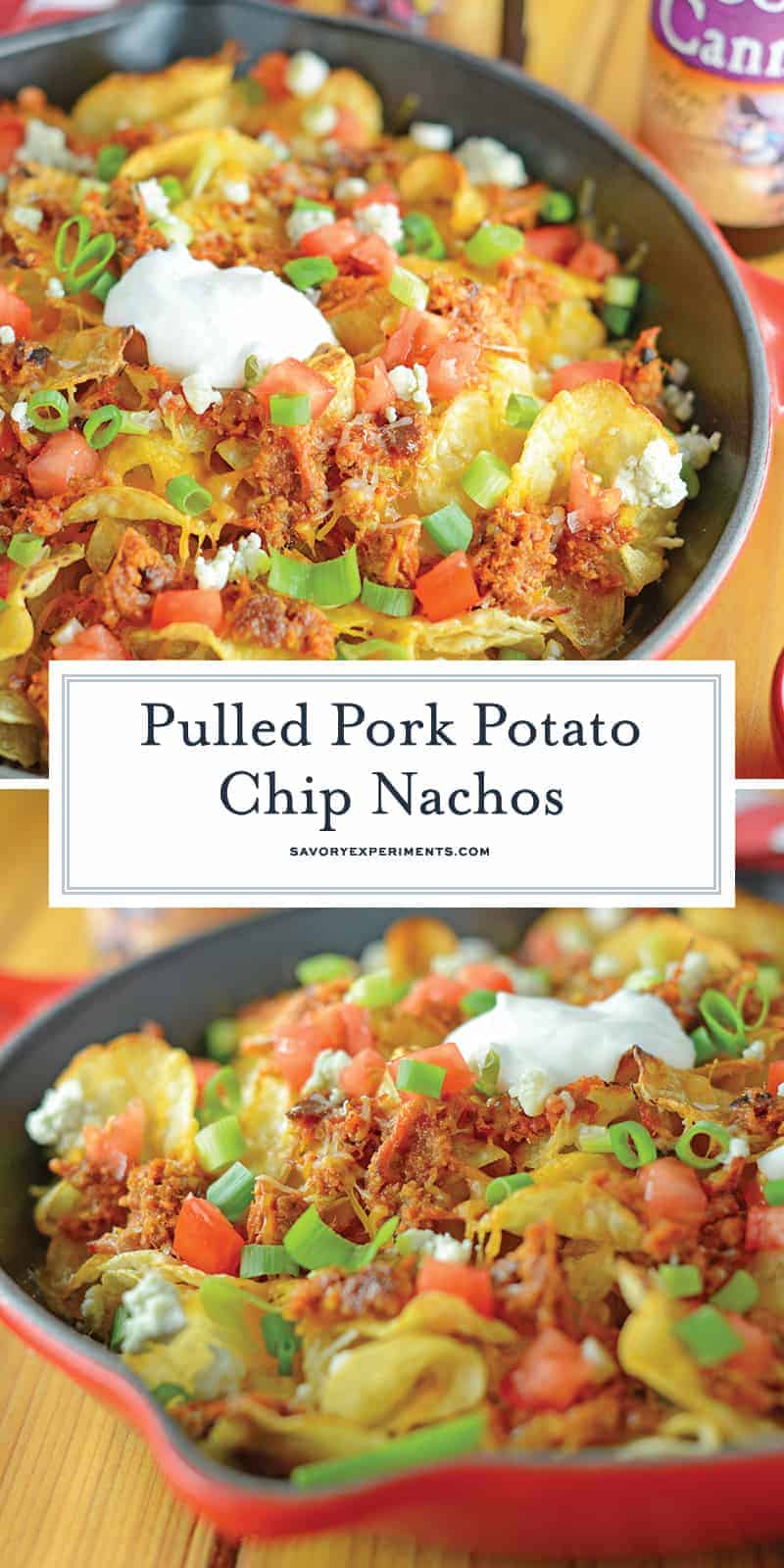 Pulled Pork Potato Chip Nachos are an easy appetizer or meal that your whole family will love made with kettle cooked potato chips and zesty pulled pork! #nachorecipes #pulledpork www.savoryexperiments.com 