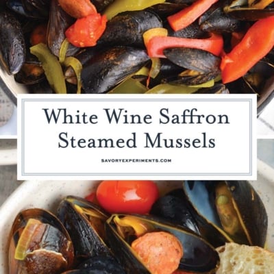 collage of steamed mussels with veggies and chorizo