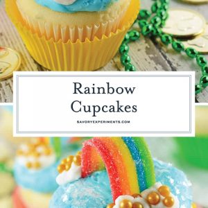 Rainbow Cupcakes are super easy and cute. The perfect cupcake for St. Patrick's Day, children's birthday parties or any random day of the week! #rainbowcupcakes #stapatricksdaydesserts www.savoryexperiments.com