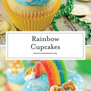 Rainbow Cupcakes are super easy and cute. The perfect cupcake for St. Patrick's Day, children's birthday parties or any random day of the week! #rainbowcupcakes #stapatricksdaydesserts www.savoryexperiments.com