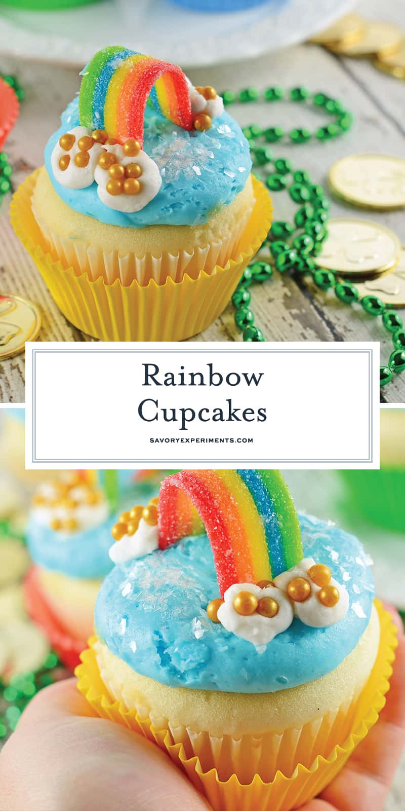 Rainbow Cupcakes are super easy and cute. The perfect cupcake for St. Patrick's Day, children's birthday parties or any random day of the week! #rainbowcupcakes #stapatricksdaydesserts www.savoryexperiments.com 