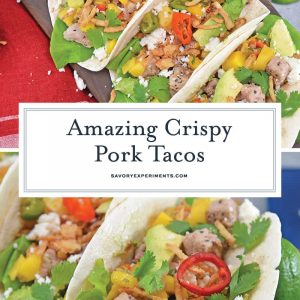 Crispy Pork Tacos are soft tacos filled with mango salsa, cool avocado, crumbly queso fresco, butter lettuce and crispy onion straws. #porktacos #streettacos #homemadetacos www.savoryexperiments.com