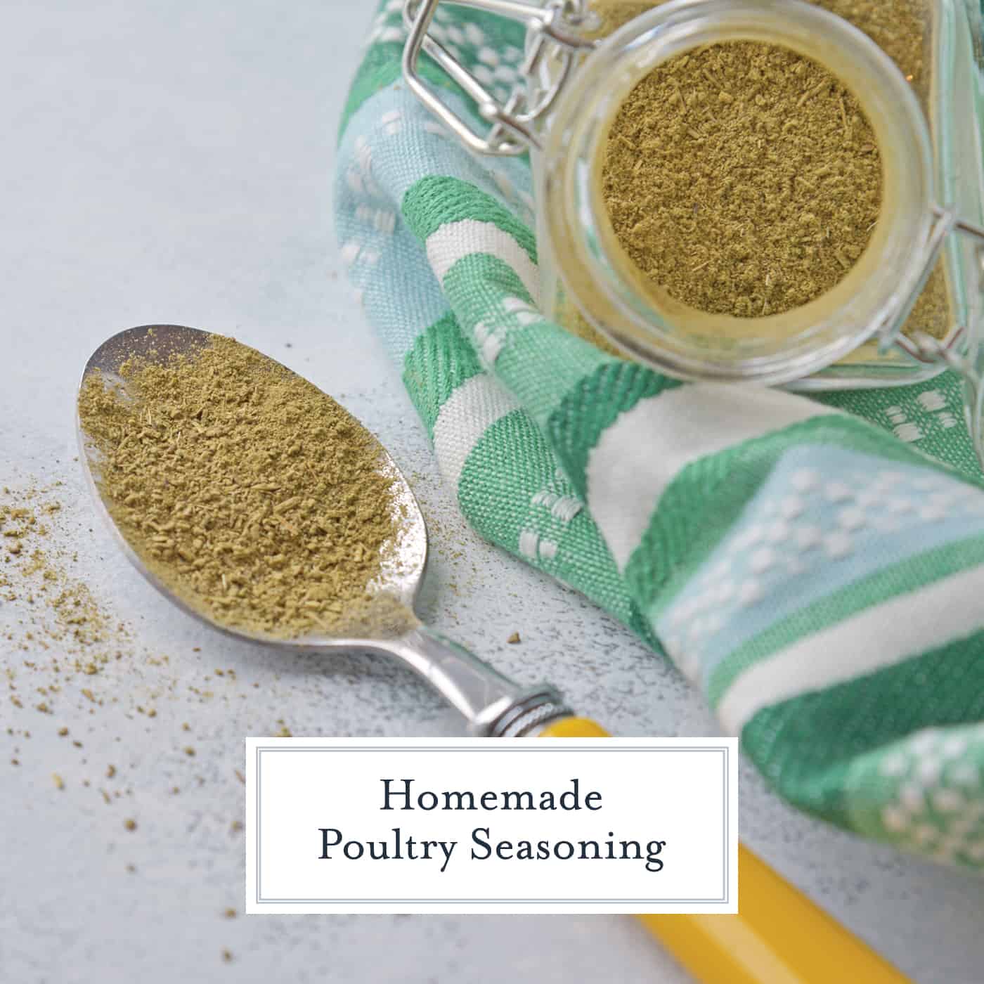 Homemade Poultry Seasoning is super easy to make, you probably already have all the ingredients in your pantry! Season chicken, beef, seafood and more! #poultryseasoning #homemadespices www.savoryexperiments.com