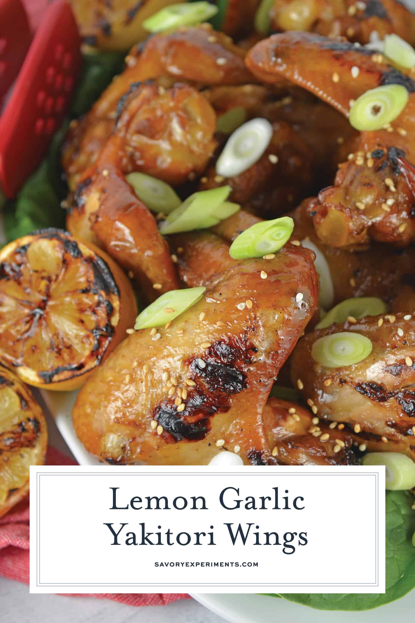 Lemon Garlic Yakitori Wings are marinated in a zesty lemon garlic marinade and grilled to perfection. Serve your grilled wings with classic BBQ side dishes. #grilledwings #chickenmarinades www.savoryexperiments.com