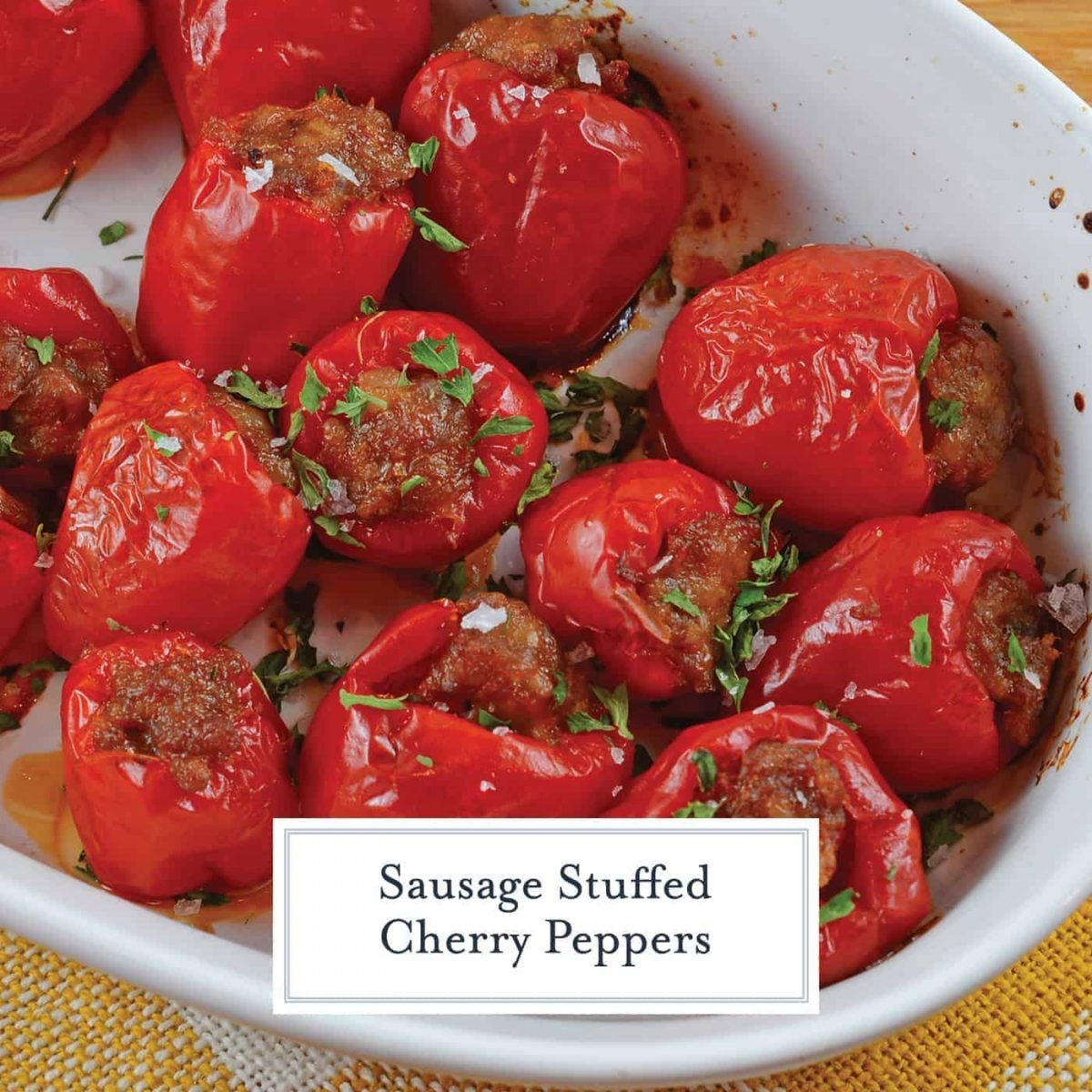 Sausage Stuffed Cherry Peppers are a tasty and easy appetizer recipe using only 5 ingredients. The perfect party food for any occasion! #stuffedpeppers #easyappetizers www.savoryexperiments.com