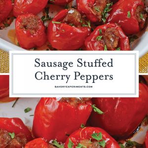 Sausage Stuffed Cherry Peppers are a tasty and easy appetizer recipe using only 5 ingredients. The perfect party food for any occasion! #stuffedpeppers #easyappetizers www.savoryexperiments.com