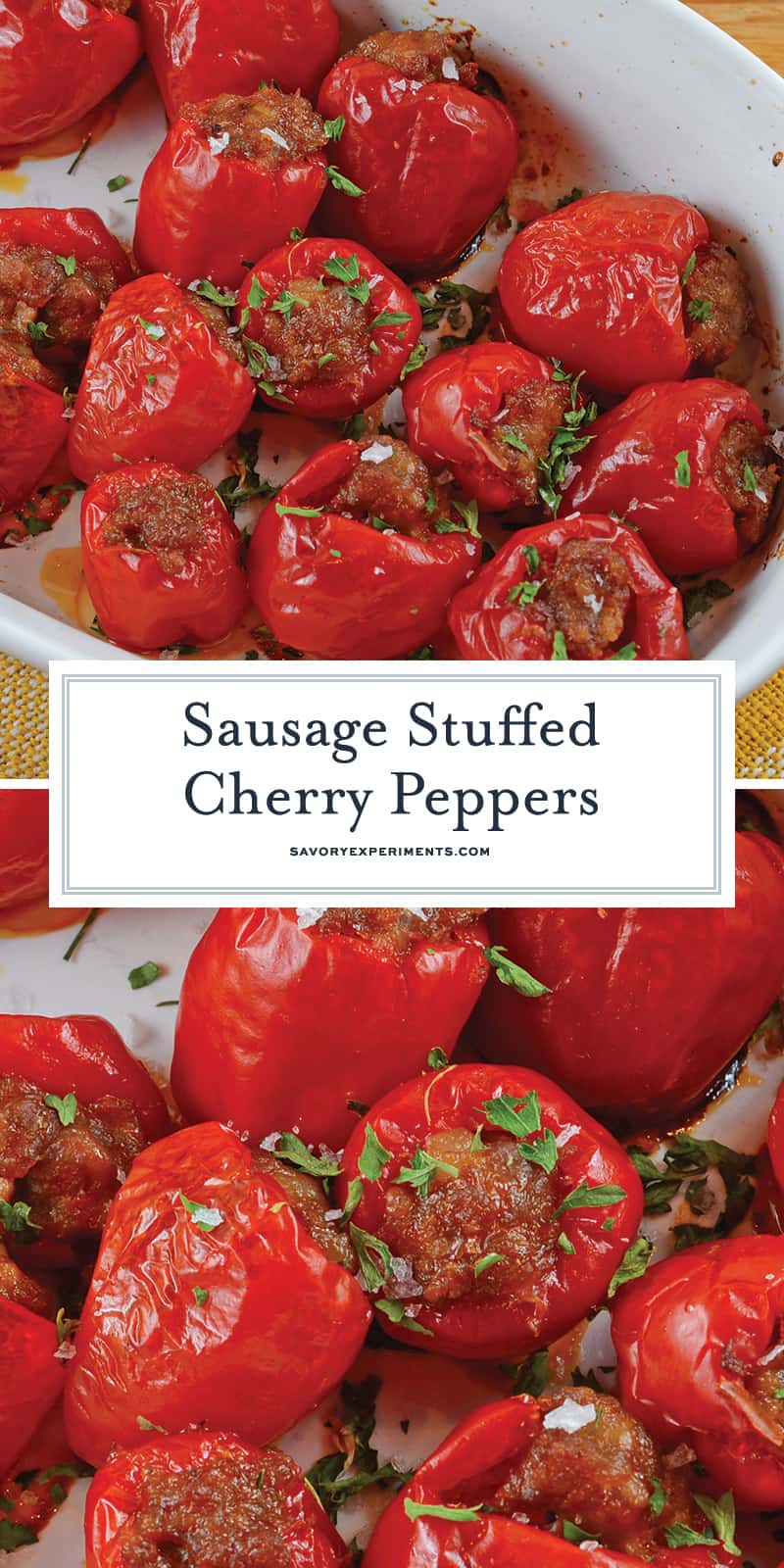 Sausage Stuffed Cherry Peppers are a tasty and easy appetizer recipe using only 5 ingredients. The perfect party food for any occasion! #stuffedpeppers #easyappetizers www.savoryexperiments.com 