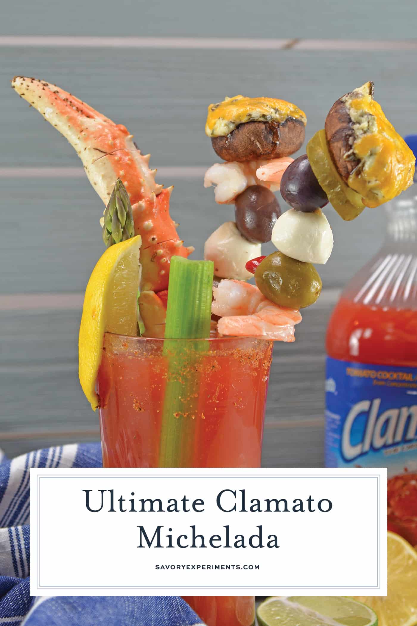 A Clamato Michelada is the perfect brunch cocktail using Clamato juice, beer, hot sauce + spices for a refreshing drink! #clamatomichelada #brunchcocktail www.savoryexeriments.com