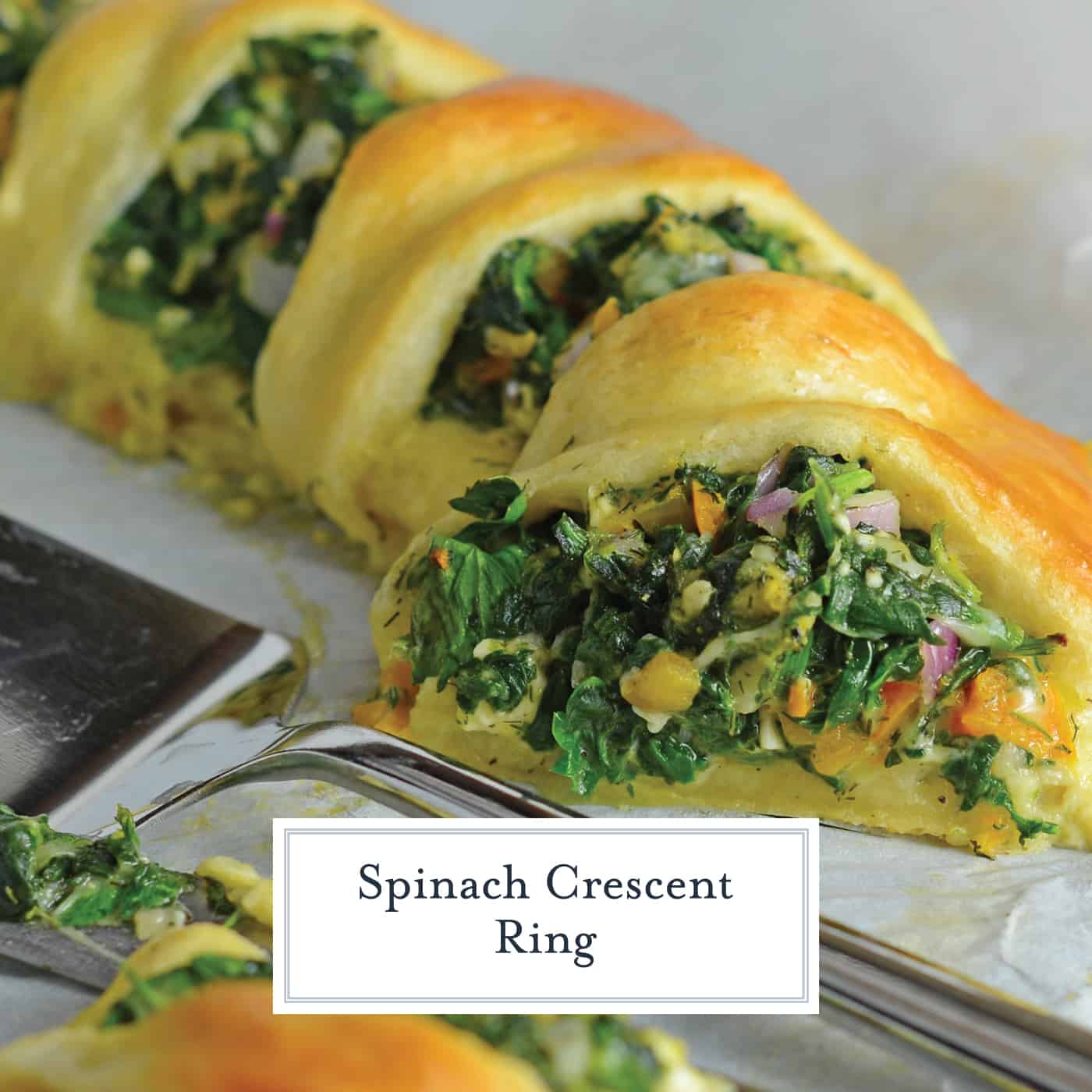 Spinach Crescent Ring is an easy brunch idea or appetizer recipe using spinach, bell pepper, onion, herbs and cheese. It is a hit at all of my parties! #crescentrollrecipes #appetizerideas #brunchrecipes www.savoryexperiments.com 