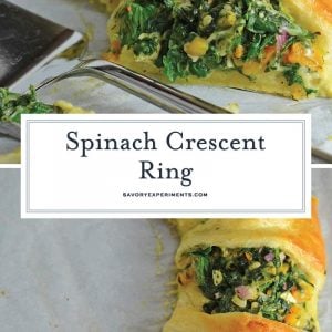 Spinach Crescent Ring is an easy brunch idea or appetizer recipe using spinach, bell pepper, onion, herbs and cheese. It is a hit at all of my parties! #crescentrollrecipes #appetizerideas #brunchrecipes www.savoryexperiments.com