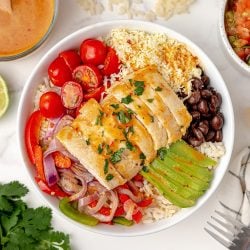 overhead of dressed chipotle chicken bowl