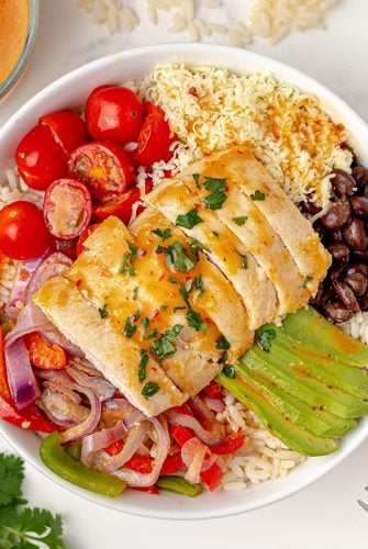 overhead of dressed chipotle chicken bowl