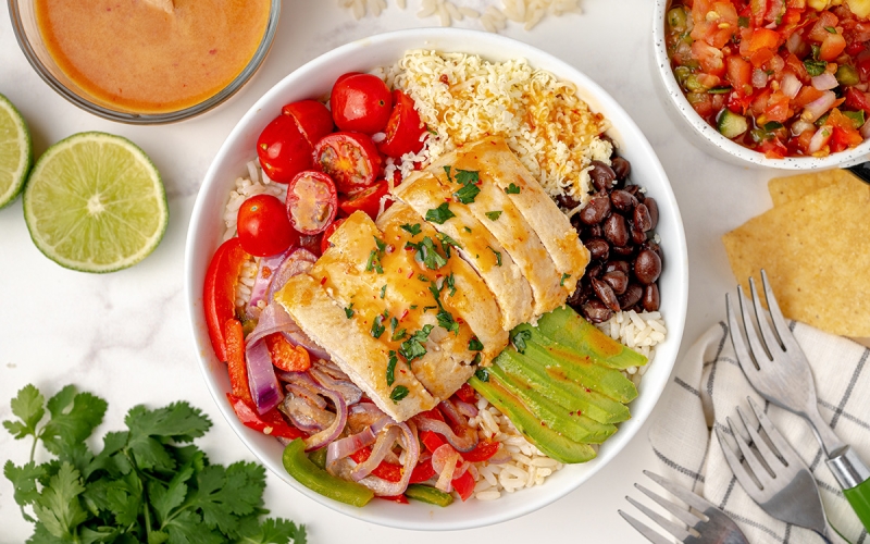 overhead of dressed chipotle chicken bowl