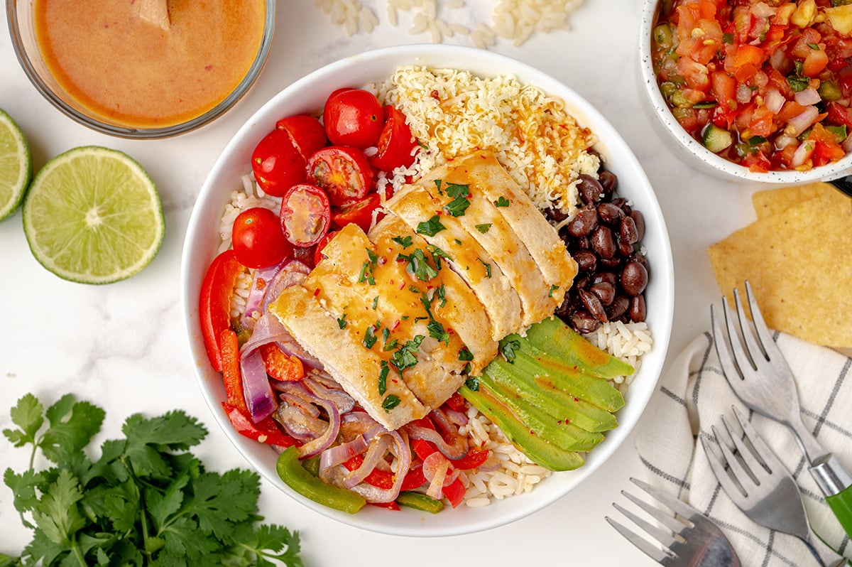 overhead of dressed chipotle chicken bowl