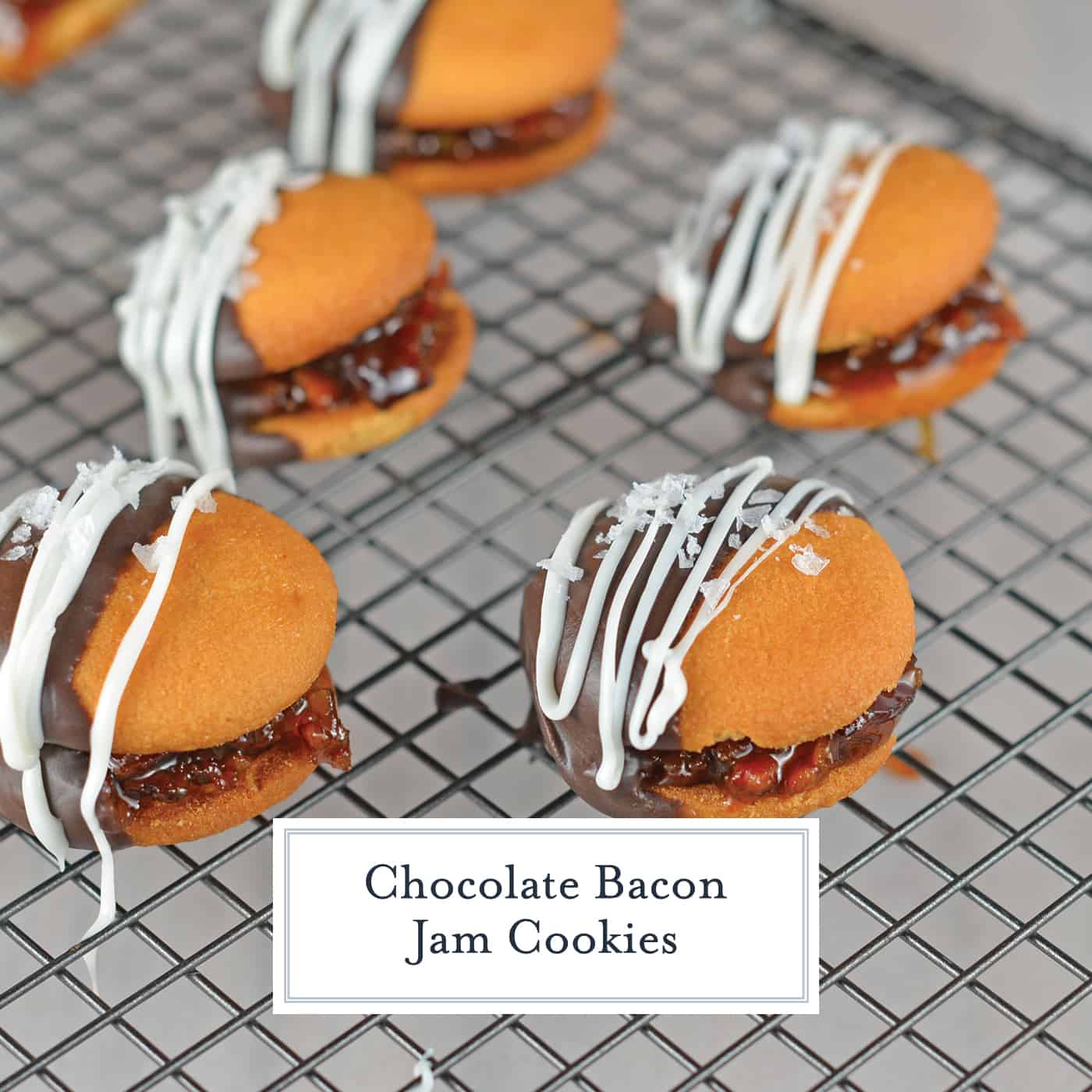 Chocolate Bacon Jam Cookies are an unexpected no bake cookie sandwich filled with a sweet bacon jam and then dipped in dark chocolate and sprinkled with sea salt. #nobakecookies #baconjam www.savoryexperiments.com