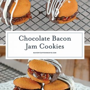 Chocolate Bacon Jam Cookies are an unexpected no bake cookie sandwich filled with a sweet bacon jam and then dipped in dark chocolate and sprinkled with sea salt. #nobakecookies #baconjam www.savoryexperiments.com