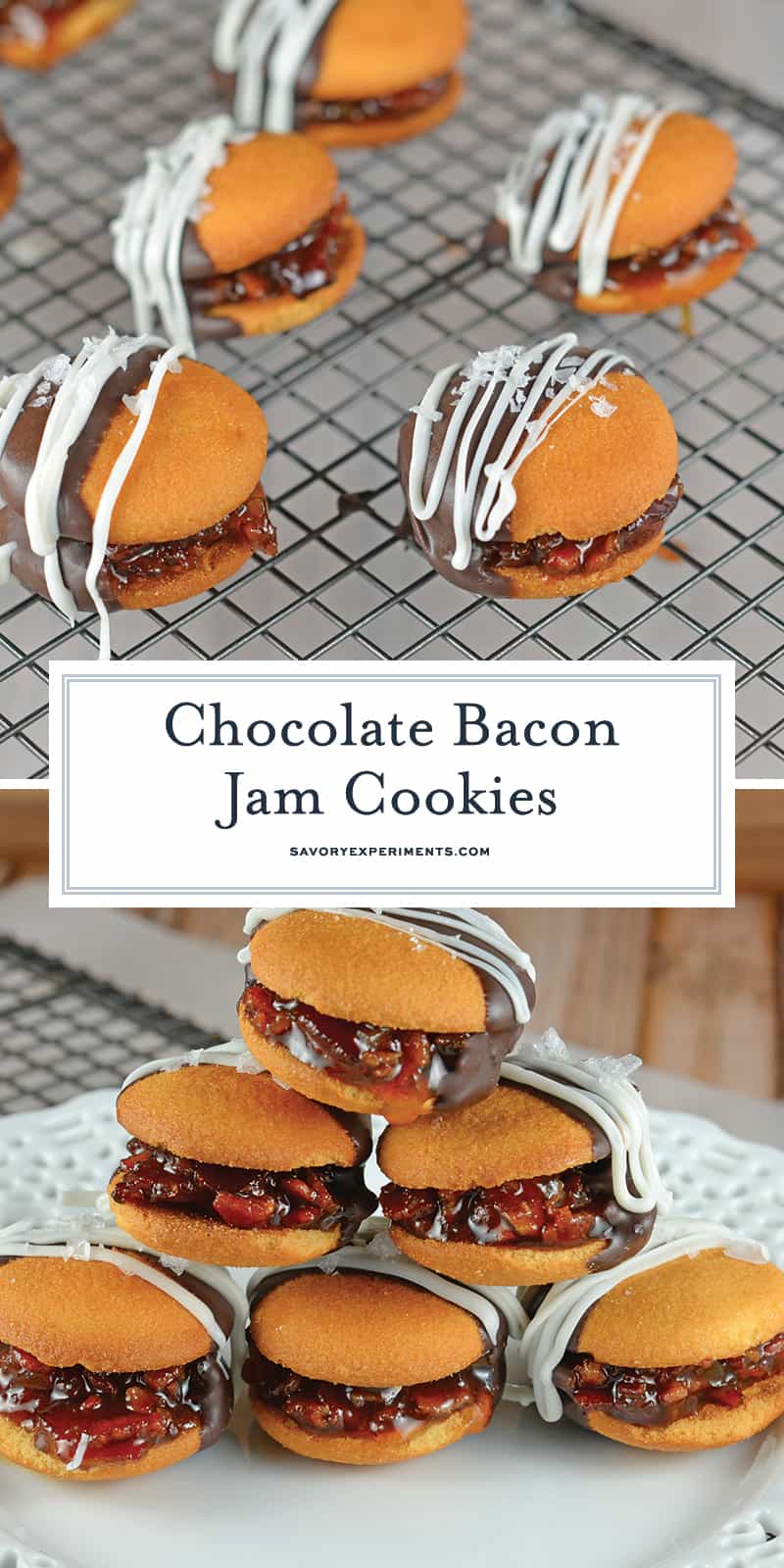 Chocolate Bacon Jam Cookies are an unexpected no bake cookie sandwich filled with a sweet bacon jam and then dipped in dark chocolate and sprinkled with sea salt. #nobakecookies #baconjam www.savoryexperiments.com