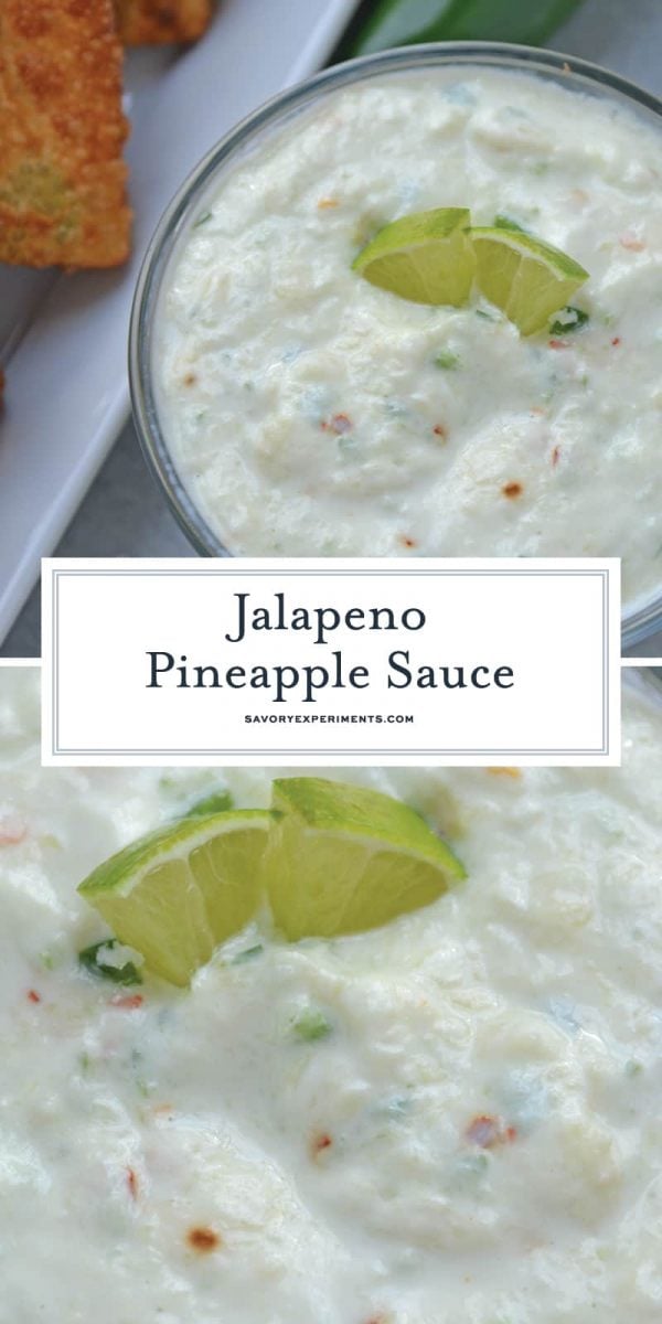 Jalapeno Pineapple Sauce is a cool and spicy dipping sauce recipe. Perfect for crab rangoons, onion rings, grilled vegetables and more! #pineappledippingsauce www.savoryexperiments.com