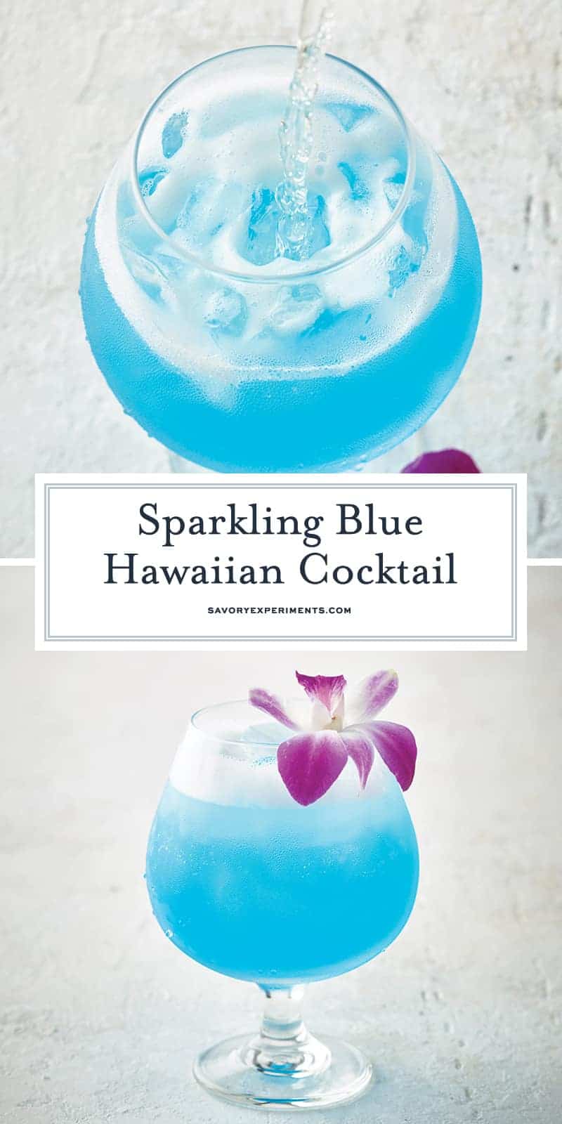 Sparkling Blue Hawaiian Cocktail is a refreshing tropical cocktail recipe perfect for luau theme parties or a lazy Sunday afternoon. #bluehawaiian #cocktailrecipes #tropicaldrinks www.savoryexperiments.com 