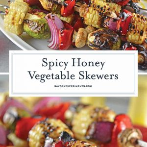 Spicy Honey Vegetable Kabobs are brightly colored skewered grilled vegetables with a sweet and spicy sauce. The perfect side dish for any grilled meal! #vegetablekabobs #grilledvegetables www.savoryexperiments.com