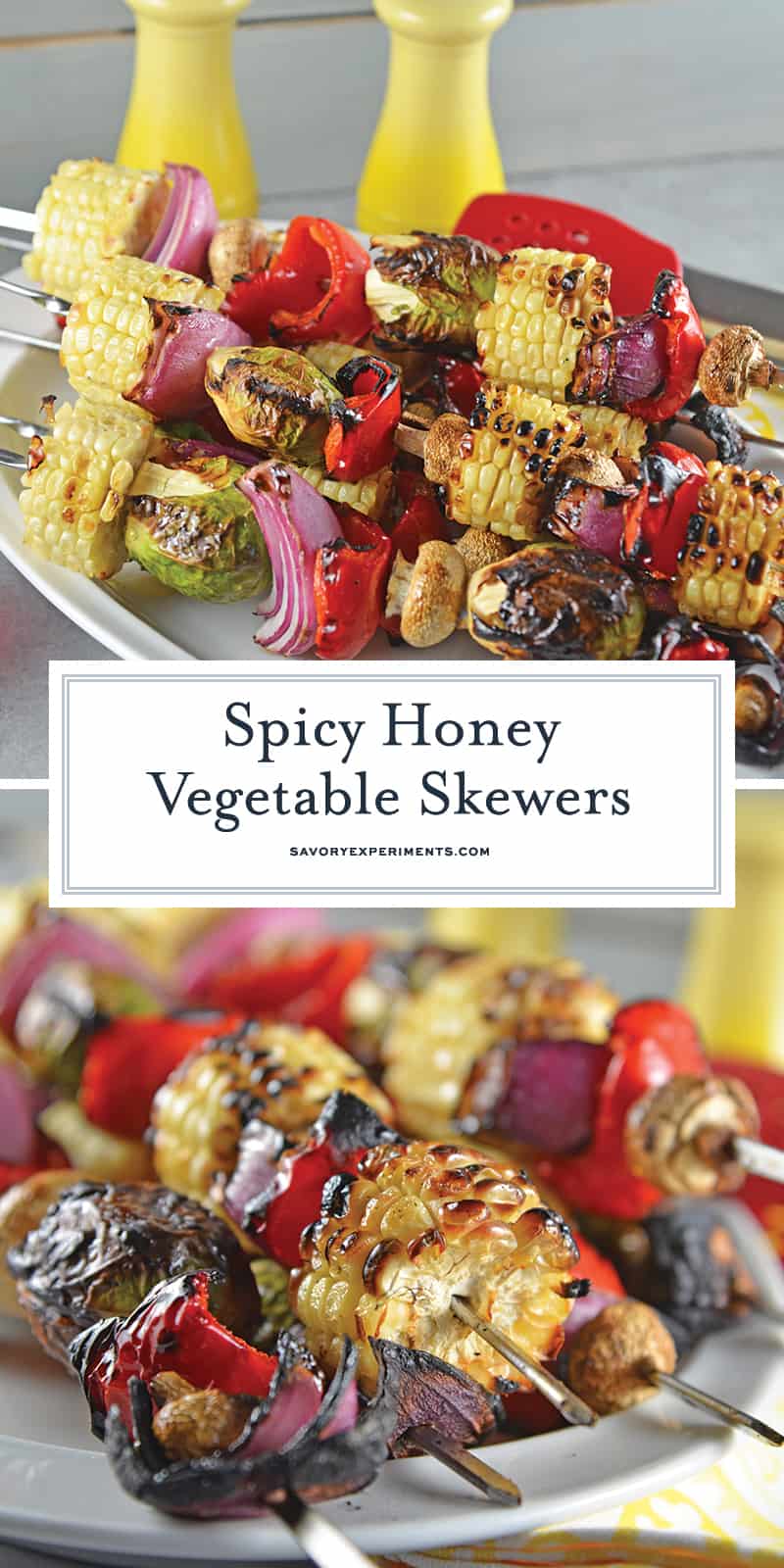 Spicy Honey Vegetable Kabobs are brightly colored skewered grilled vegetables with a sweet and spicy sauce. The perfect side dish for any grilled meal! #vegetablekabobs #grilledvegetables www.savoryexperiments.com