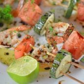 Watermelon Shrimp Kabobs combine grilled shrimp with grilled watermelon with a sweet balsamic reduction and zesty lime. A healthy kabob recipe on the grill.