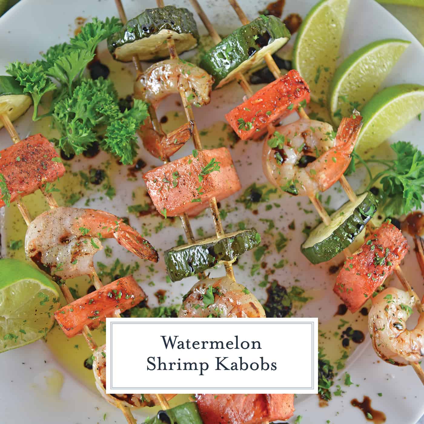 Watermelon Shrimp Kabobs combine grilled shrimp with grilled watermelon with a sweet balsamic reduction and zesty lime. A healthy kabob recipe on the grill. #grilledwatermelon #kabobrecipes www.savoryexperiments.com 