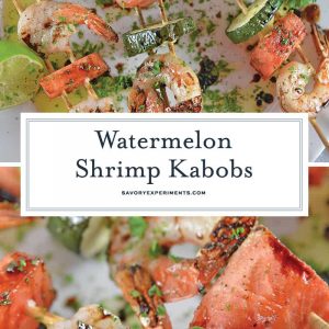 Watermelon Shrimp Kabobs combine grilled shrimp with grilled watermelon with a sweet balsamic reduction and zesty lime. A healthy kabob recipe on the grill. #grilledwatermelon #kabobrecipes www.savoryexperiments.com