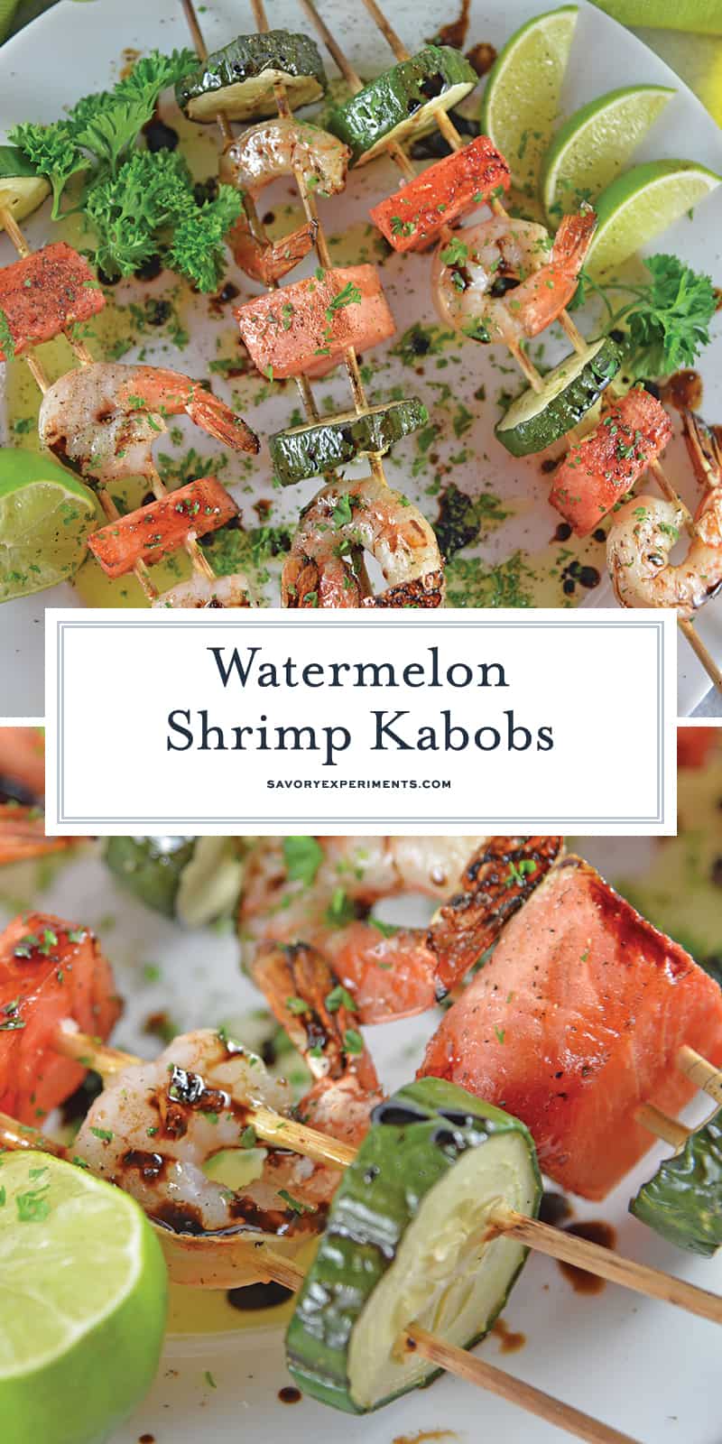 Watermelon Shrimp Kabobs combine grilled shrimp with grilled watermelon with a sweet balsamic reduction and zesty lime. A healthy kabob recipe on the grill. #grilledwatermelon #kabobrecipes www.savoryexperiments.com 