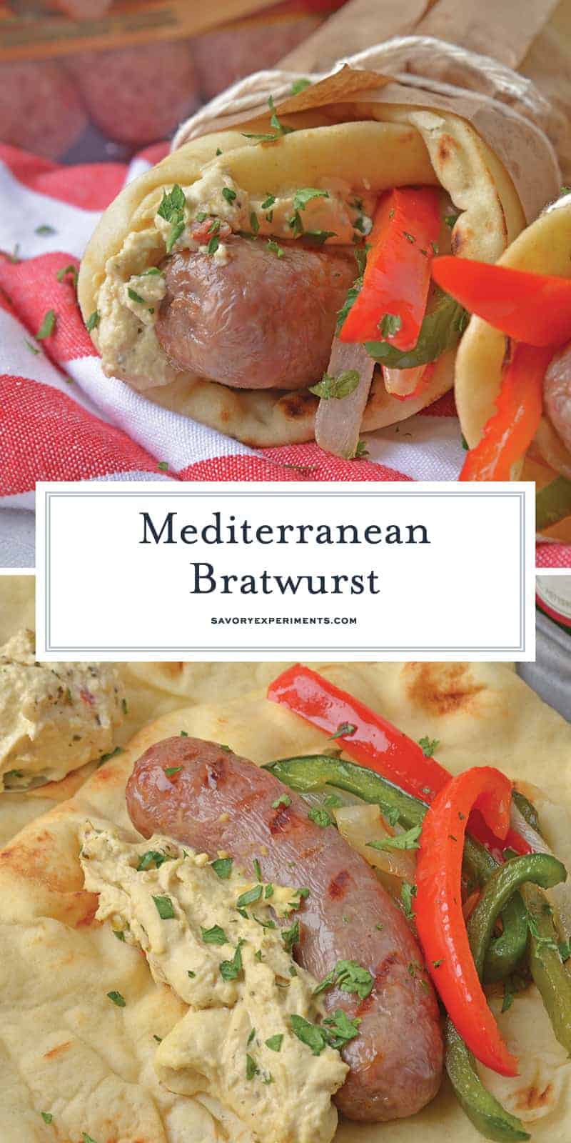 Mediterranean Bratwurst use juicy bratwurst, sautéed bell peppers and onion, garlic hummus and wrapped in tender naan bread. A simple grilled summer meal. #bratwurstsandwich www.savoryexperiments.com 