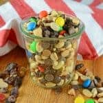 Monster Trail Mix is an easy trail mix of nuts, M&Ms, raisins and chips. The perfect snack for camping, hiking or an afternoon by the pool. Make a large batch and snack for days!