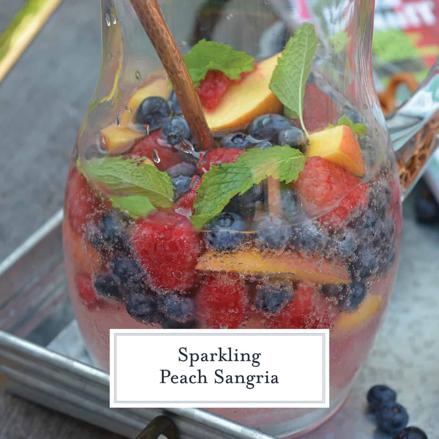 Sparkling Peach Sangria is the perfect summer cocktail recipe for your next party! Make a non-alcoholic and alcoholic version with fresh summer fruits. #sangriarecipe #sparklingsangria www.savoryexperiments.com